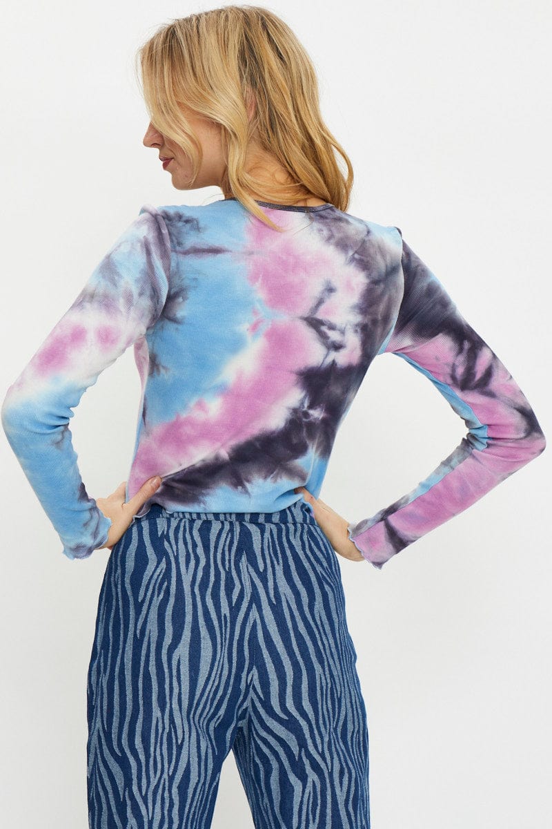 Multi Long Sleeve Tie Dye Rib Jersey Top