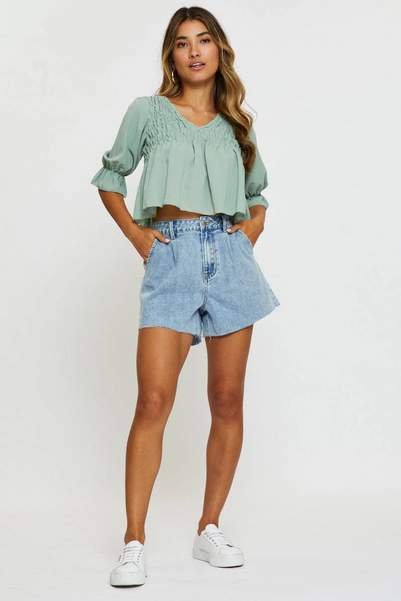 Green Crop Blouse Short Sleeve Round Neck
