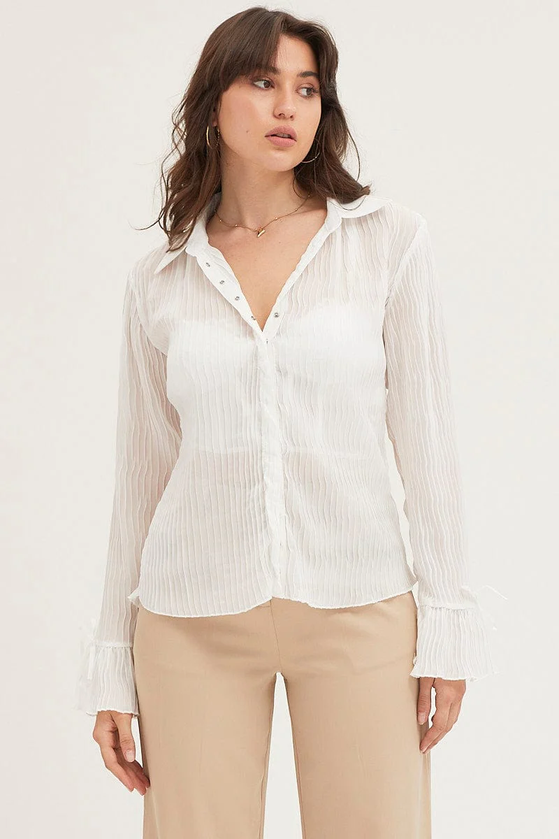 White Pleated Shirt Long Flare Sleeve