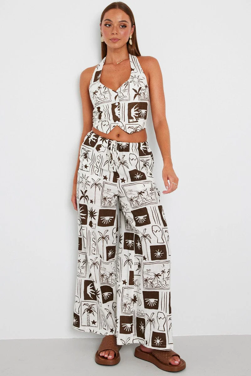 Brown Abstract Halter Neck Vest V Neckline Linen