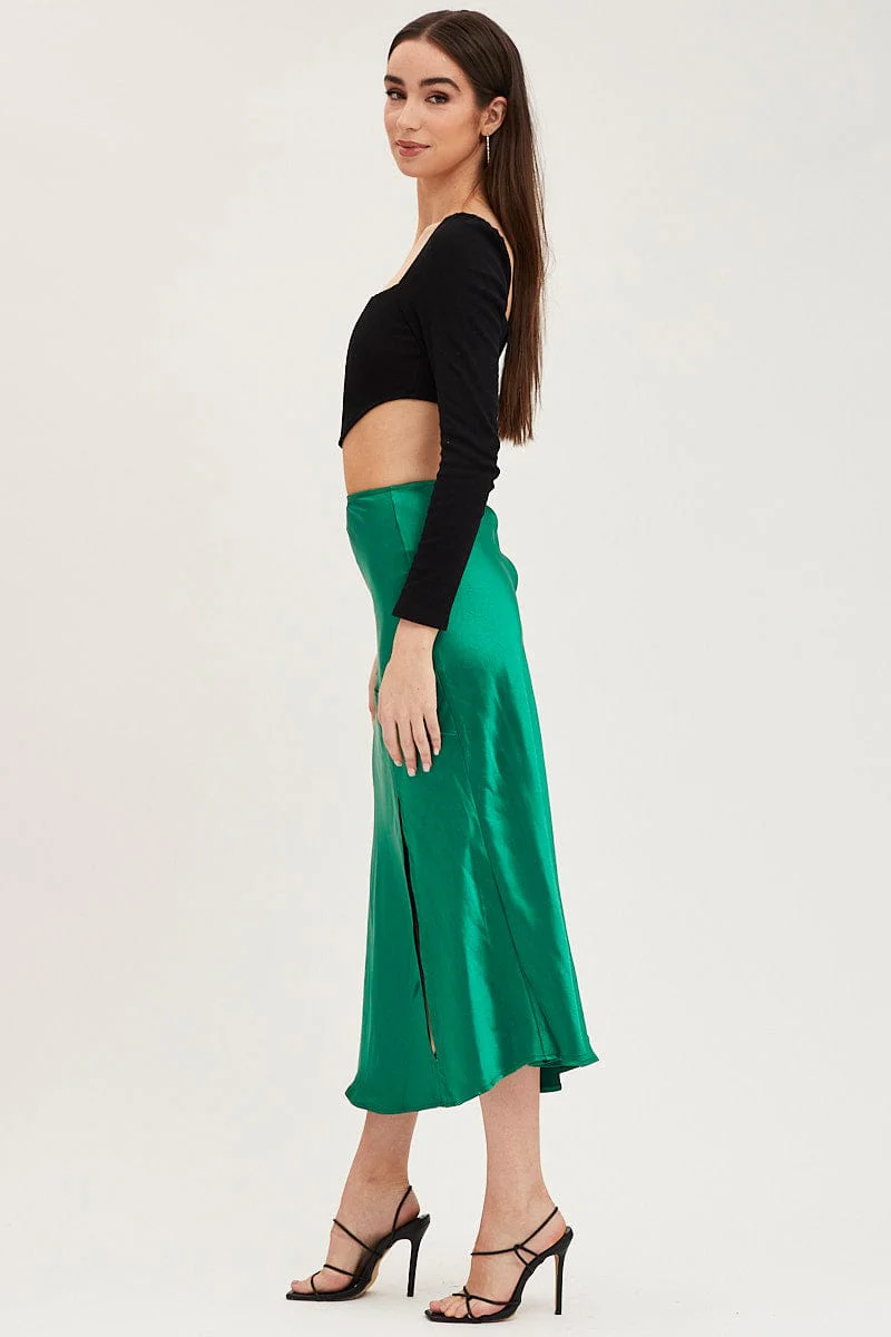 Green Slip Skirt Front Split Satin
