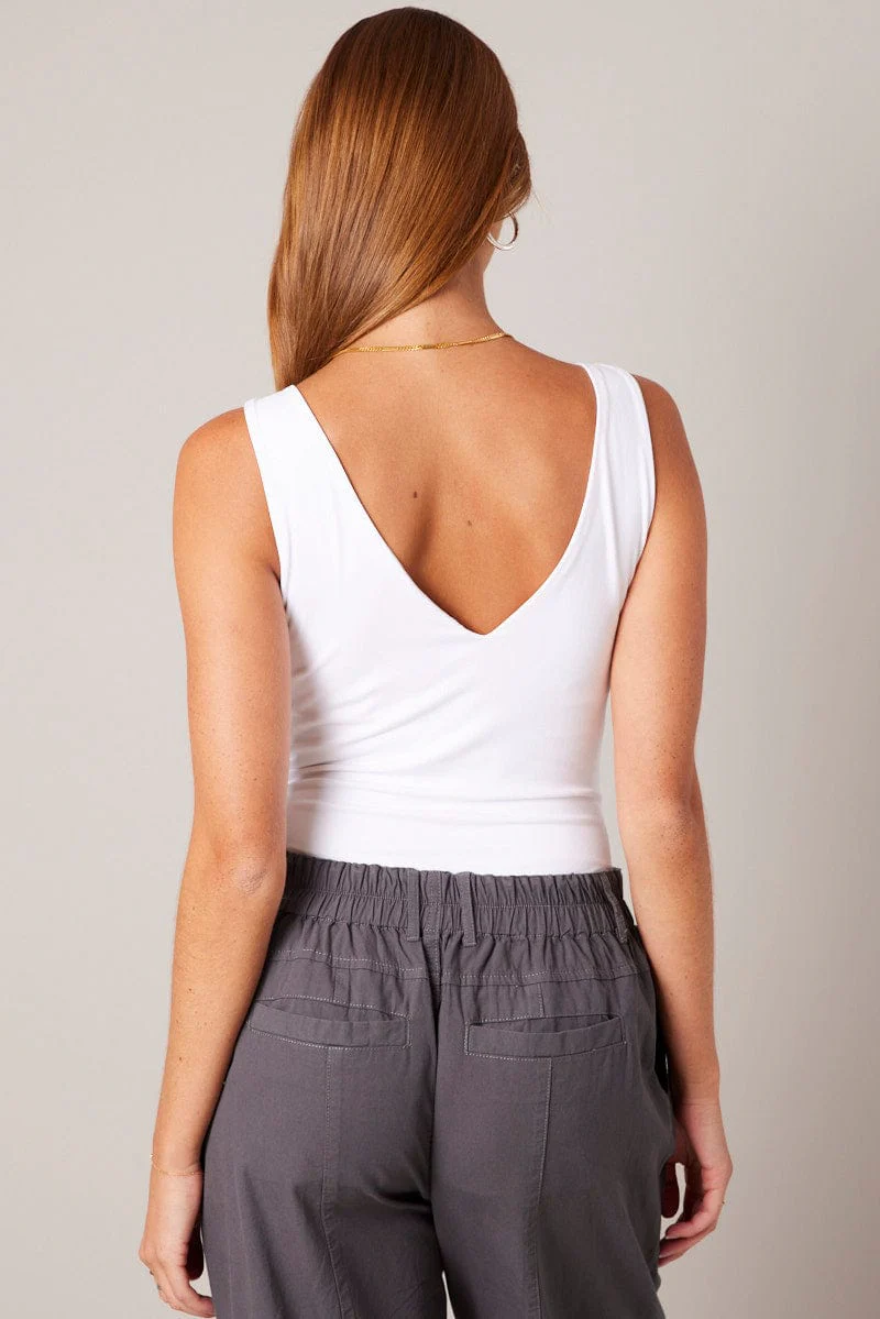 White Supersoft Bodysuit Sleeveless V Neck