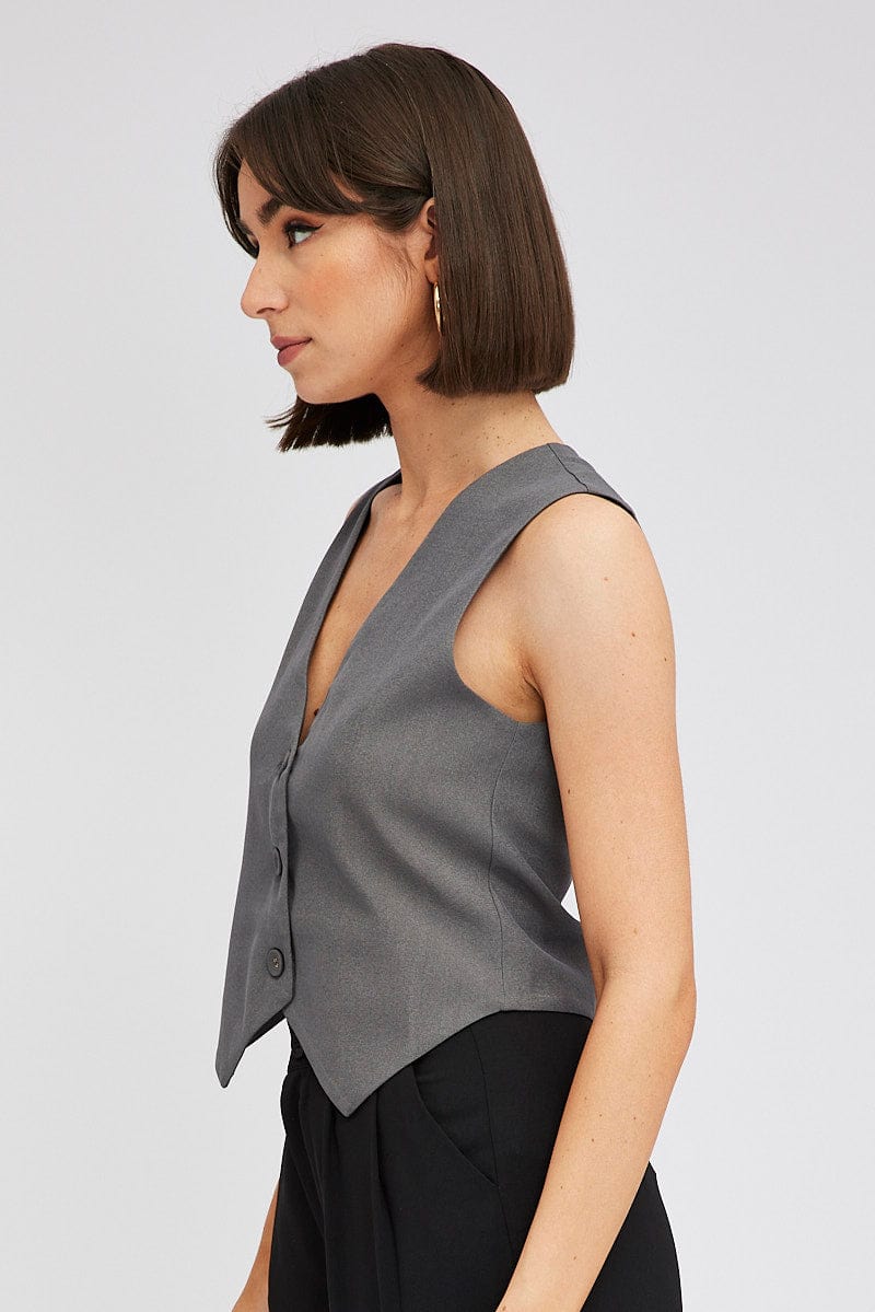 Grey Top Waistcost Sleeveless V Neck Button Up Relaxed