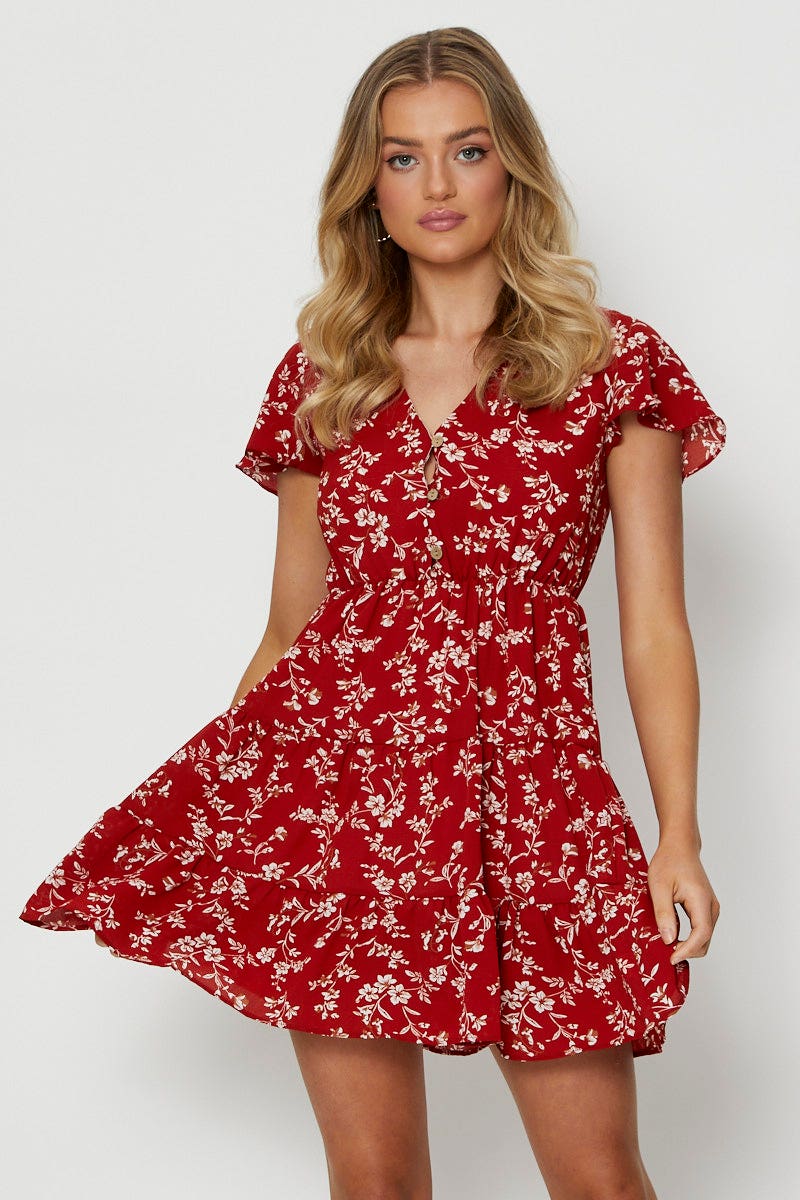 Print Mini Dress V Neck