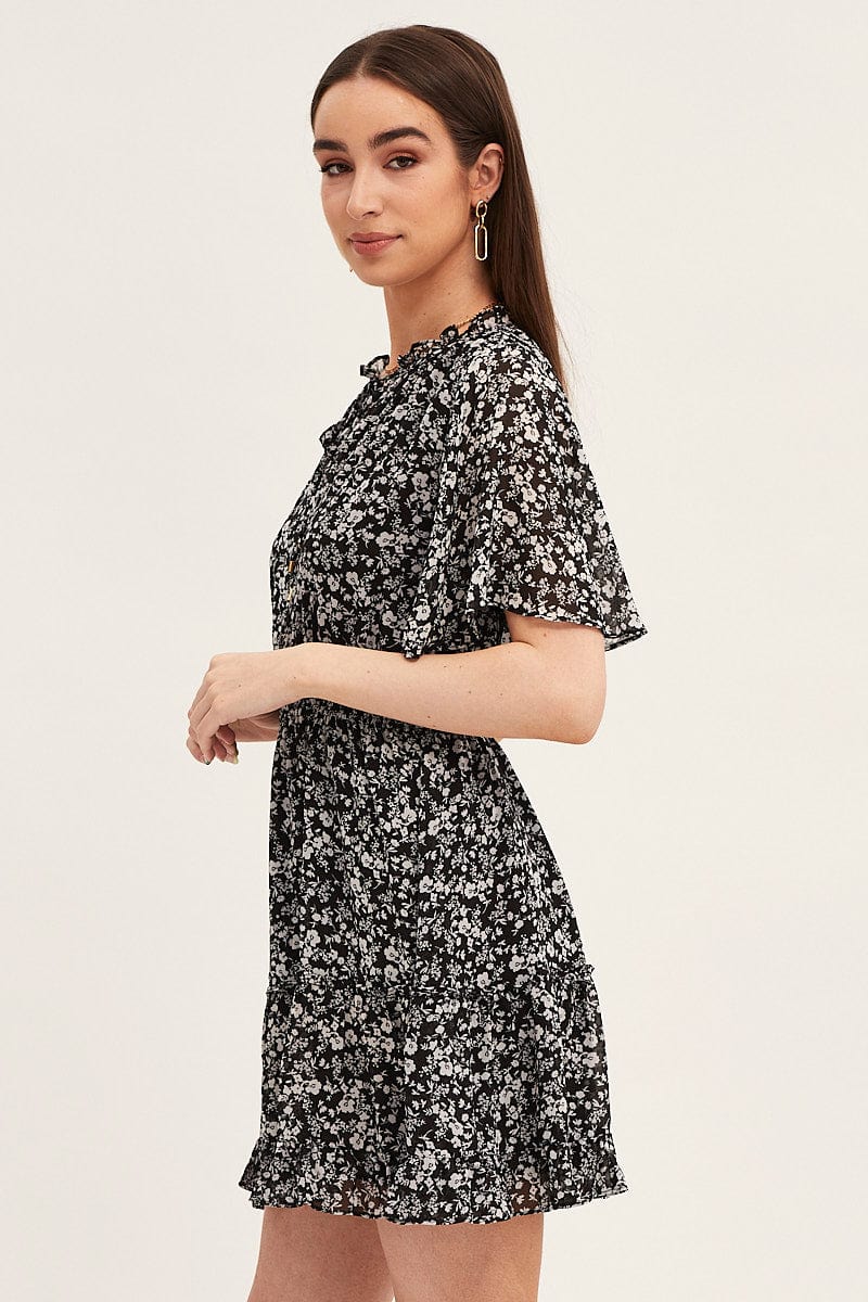 Ditsy Print Flutter Sleeve Tiered Dress