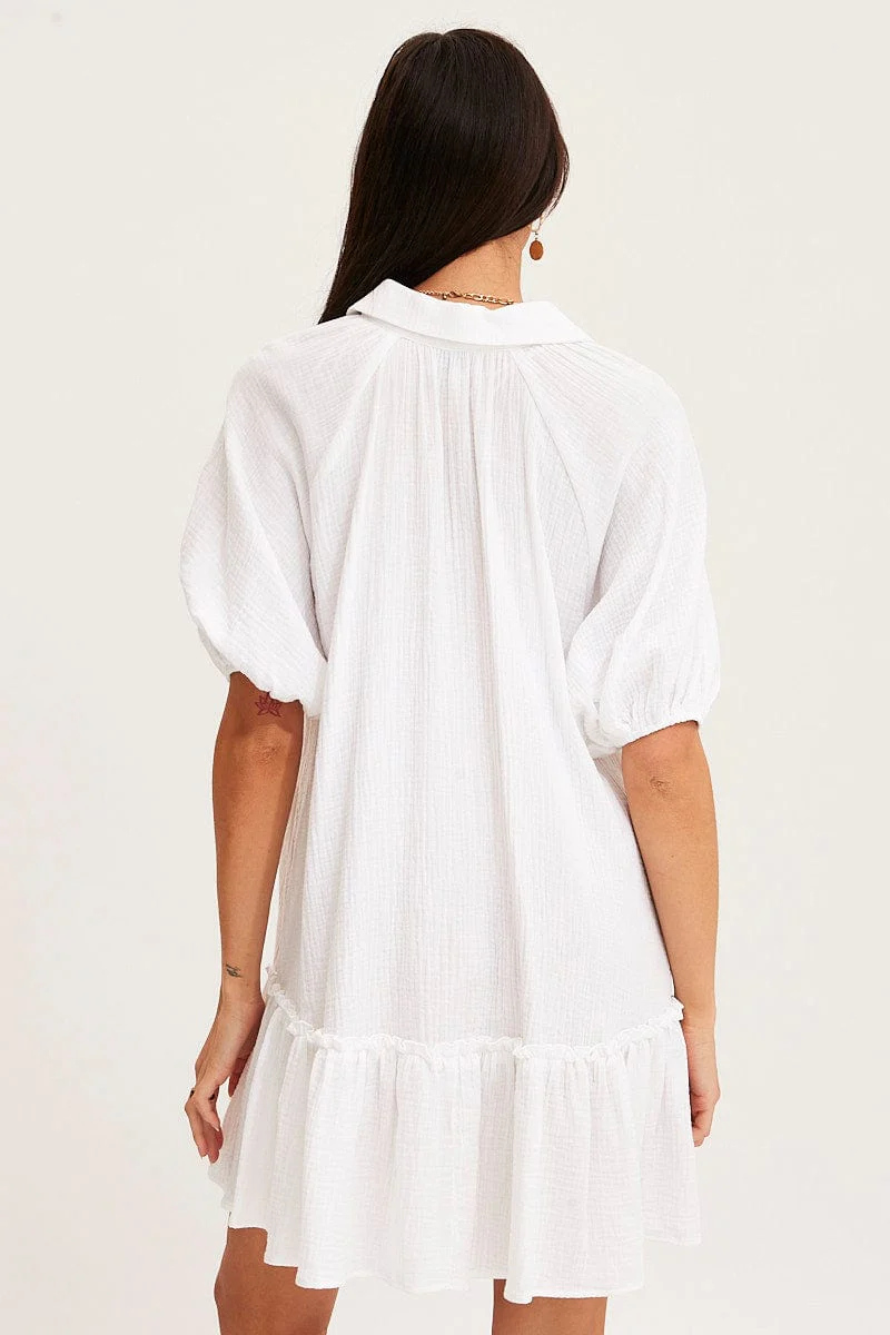 White Mini Dress Short Sleeve V Neck