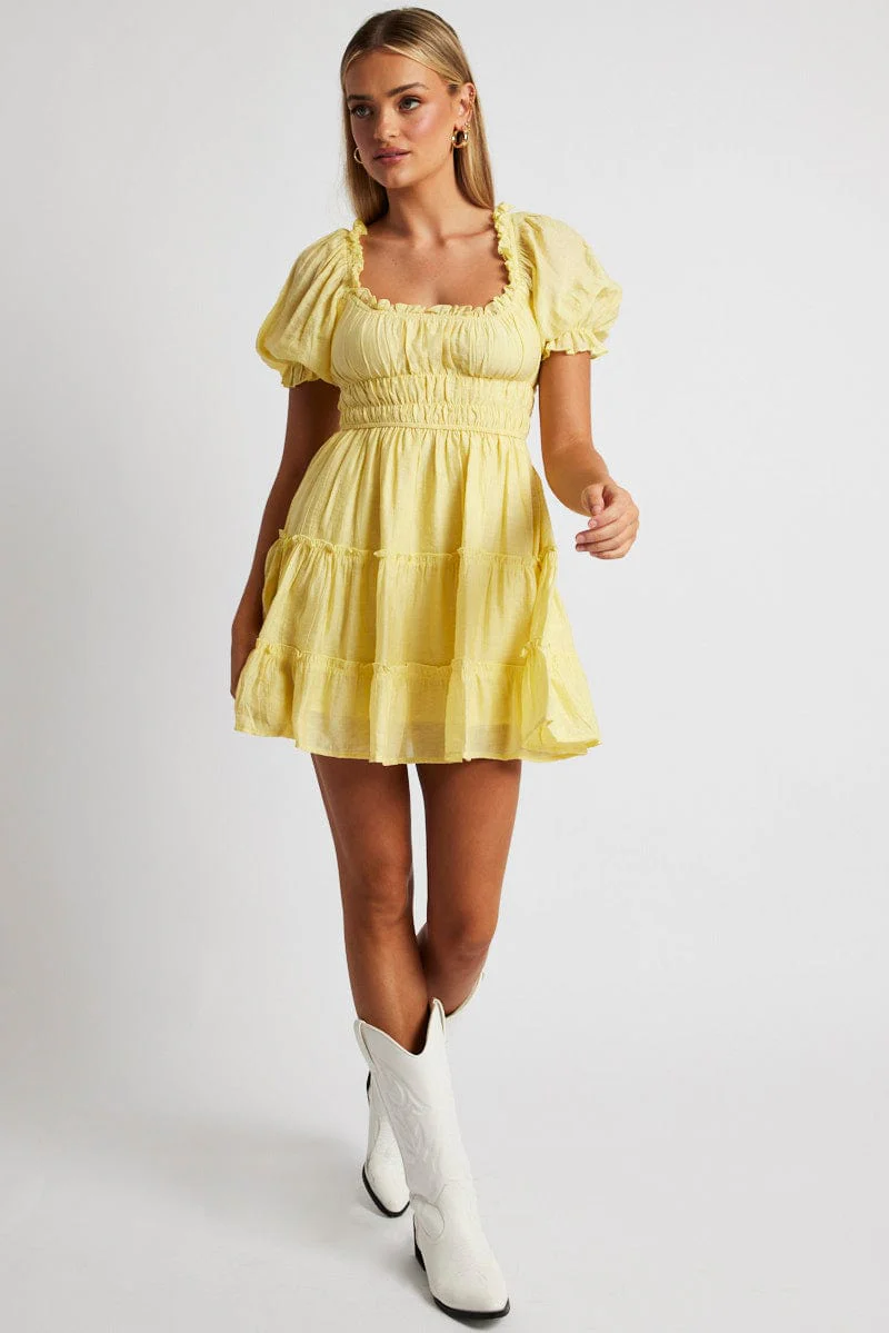 Yellow Fit And Flare Dress Puff Sleeve