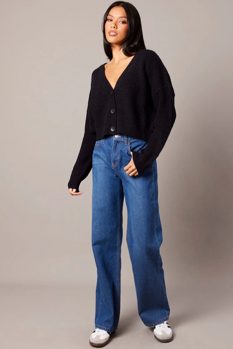 Black Knit Cardigan Long Sleeve V Neck Button Up