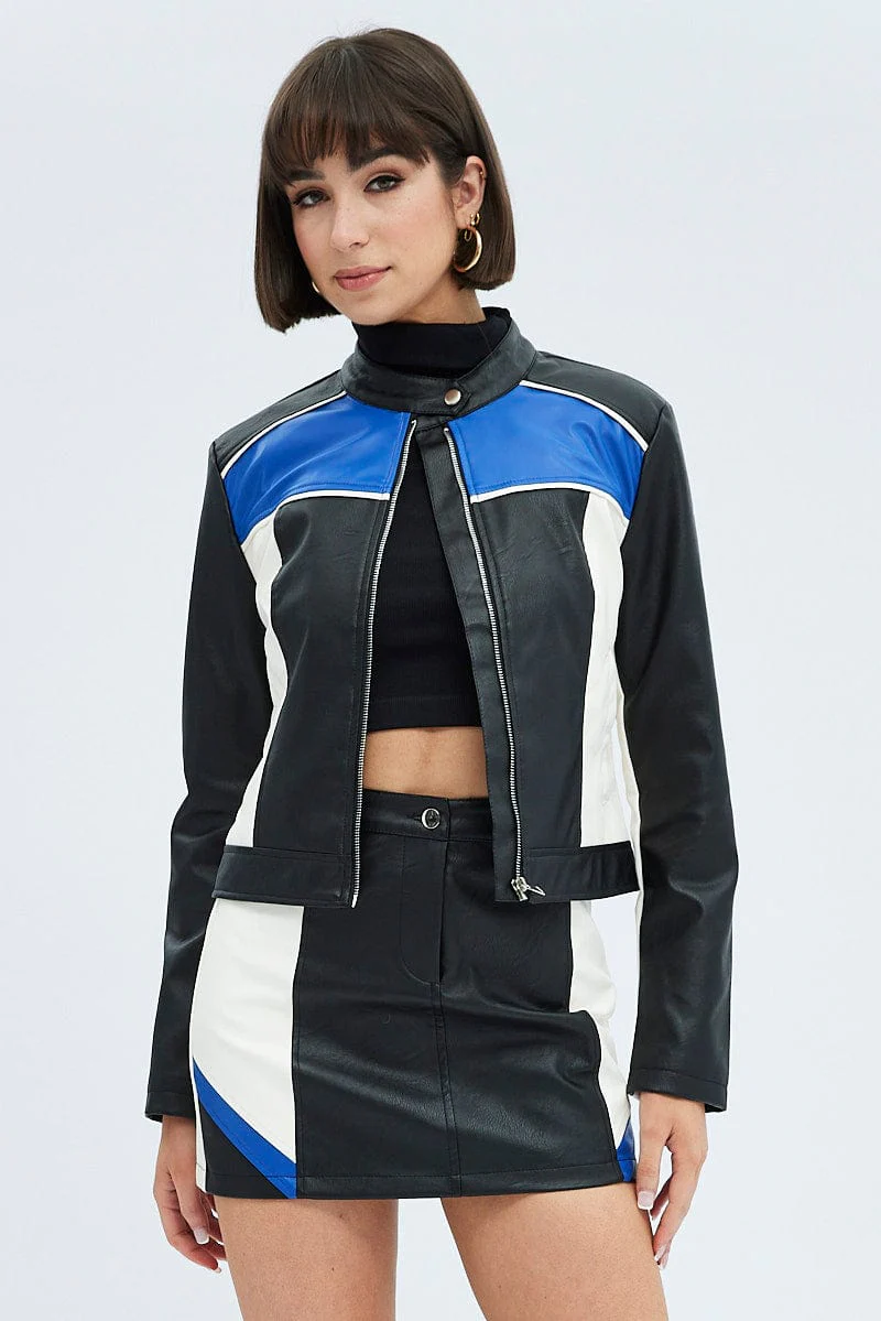 Black Jacket Colour Block Long Sleeve Zip Faux Leather