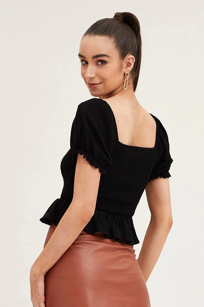Black Puff Sleeve Shirred Top