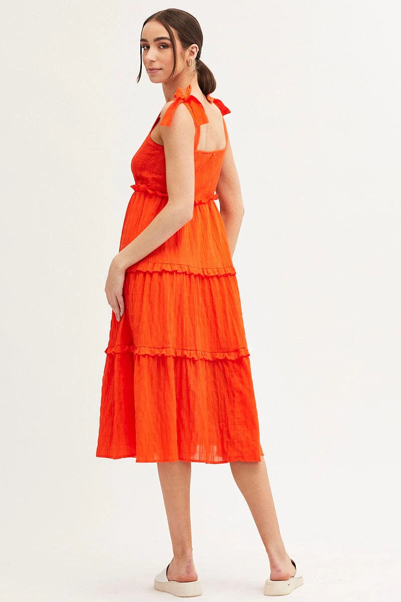 Orange Midi Dress Sleeveless Shirred Texture Cotton