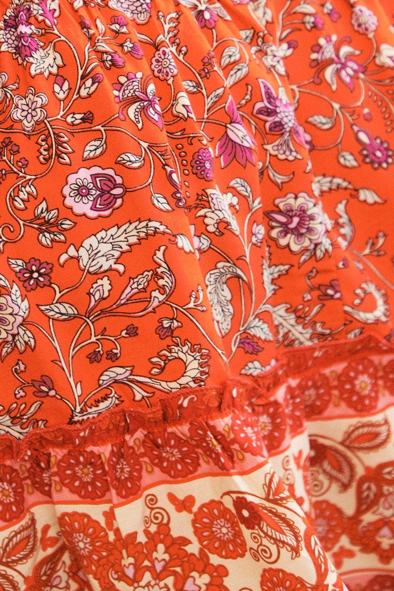 Red Boho Crop Top Short Sleeve Square Neck Shirred