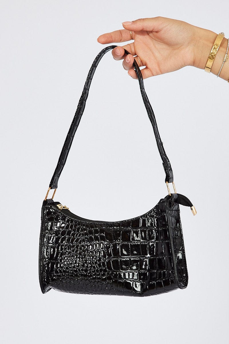 Black Croc Embossed Baguette Bag Shoulder Bag