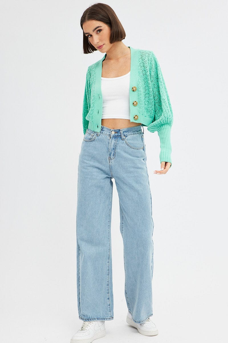 Green Knit Cardigan Long Sleeve Crop