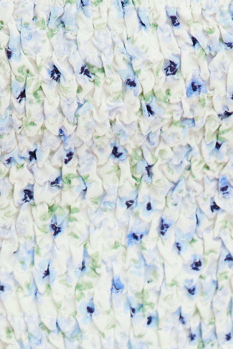 Blue Ditsy Crop Top Short Sleeve Square Neck