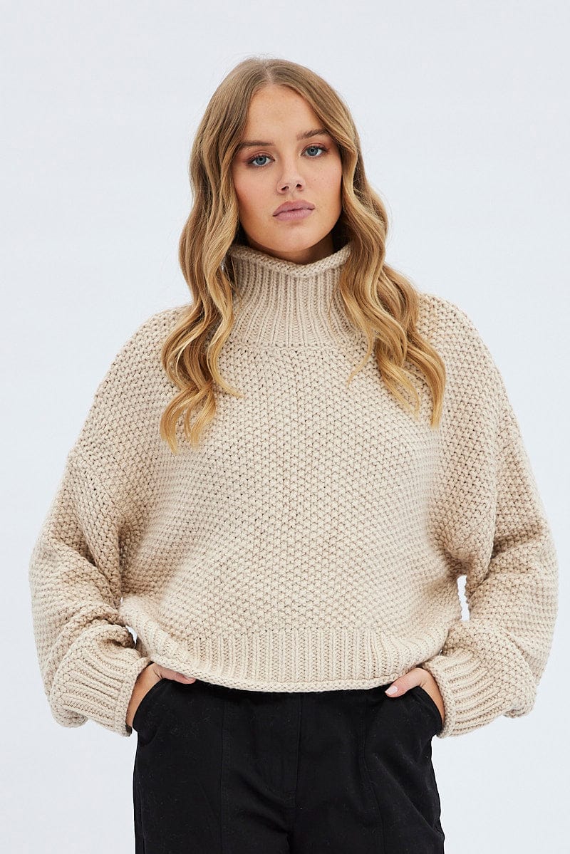 Beige Knit Jumper Turtle Neck