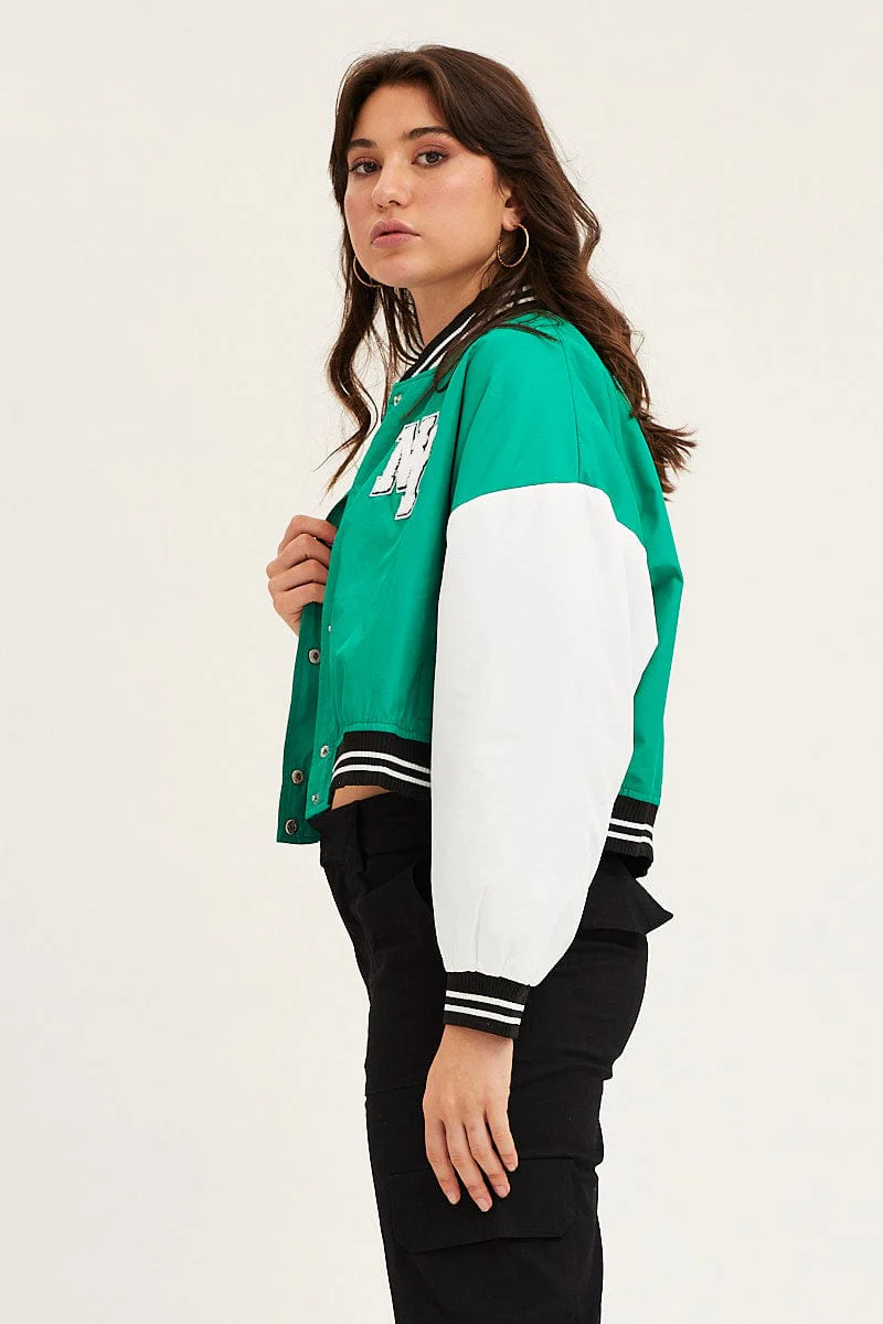 Green Cropped Varsity Bomber Jacket
