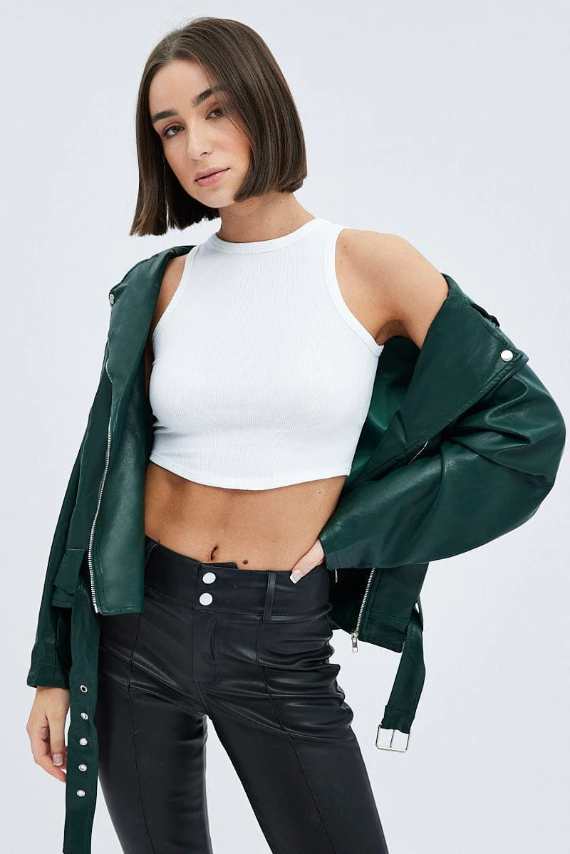 Green Jacket Long Sleeve Collared Faux Leather