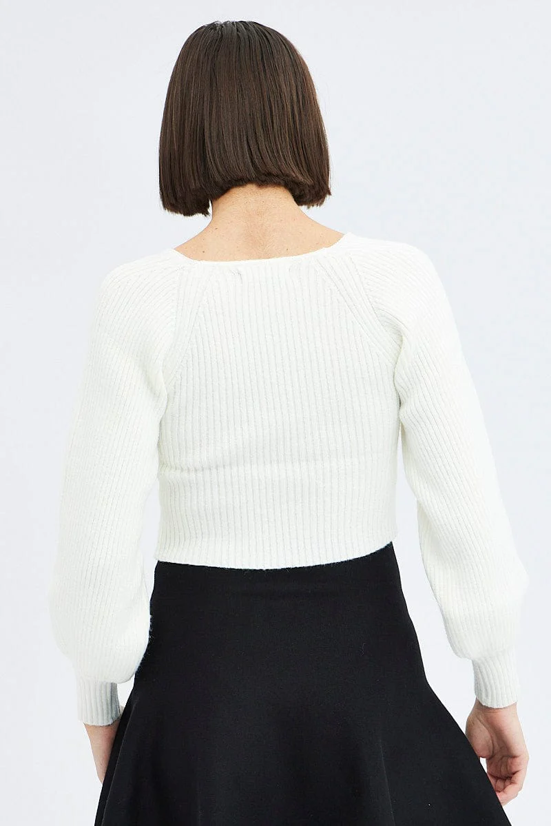 White Knit Top Sweet Heart Neck Volume Sleeve Crop