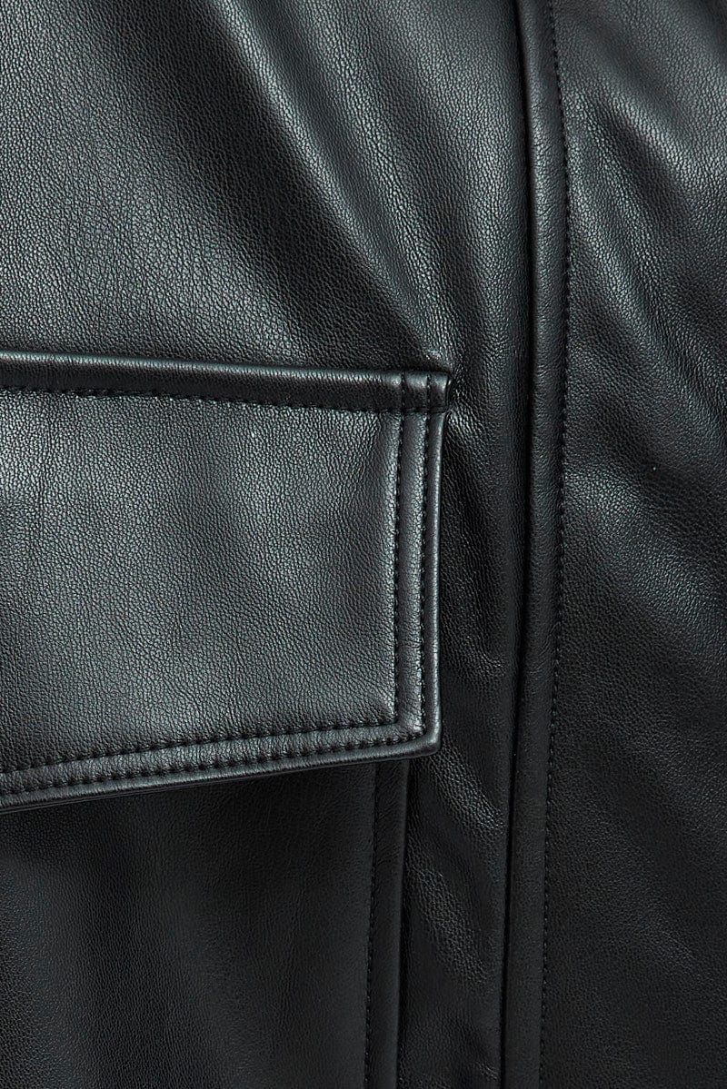 Black Shirt Collar Long Sleeve Faux Leather