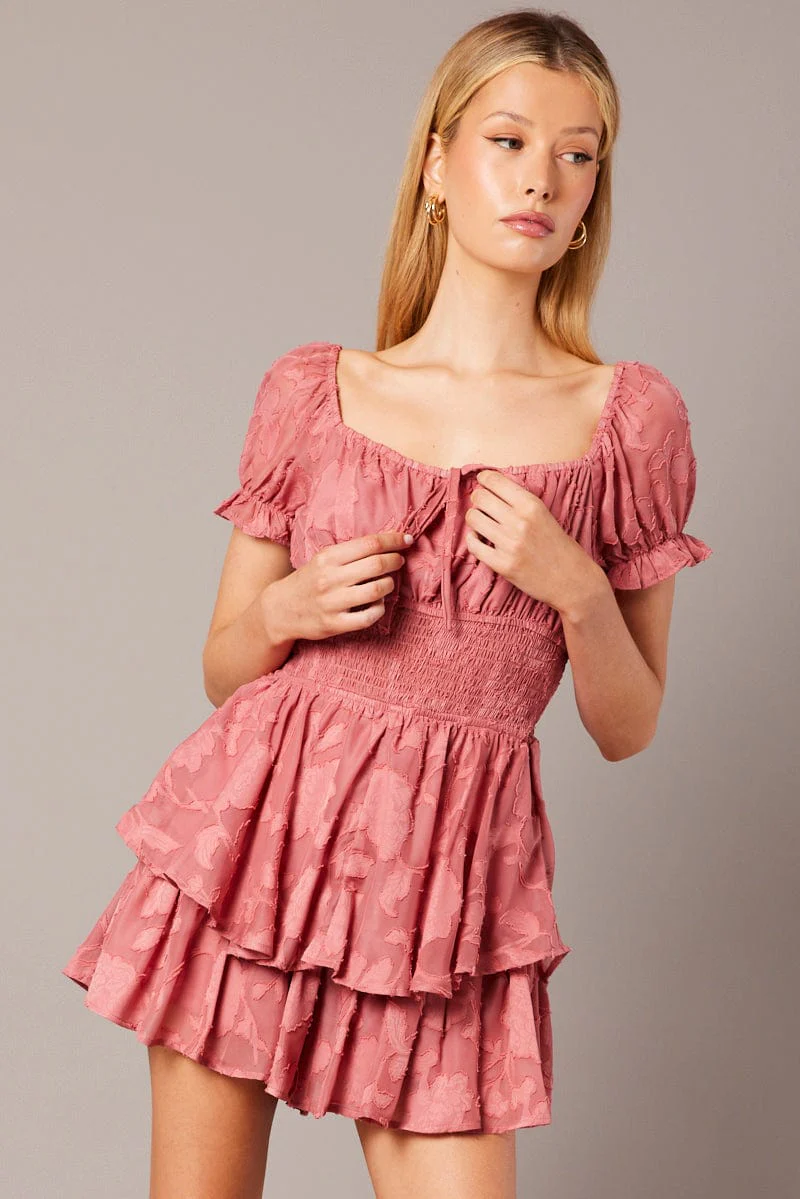 Pink Ruffle Playsuit Short Sleeve Ruched Bust