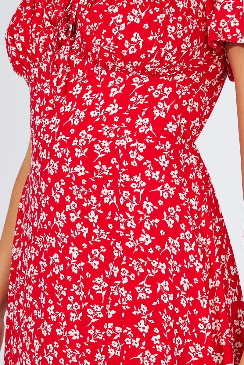 Red Ditsy Midi Dress Short Sleeve Ruched Bust