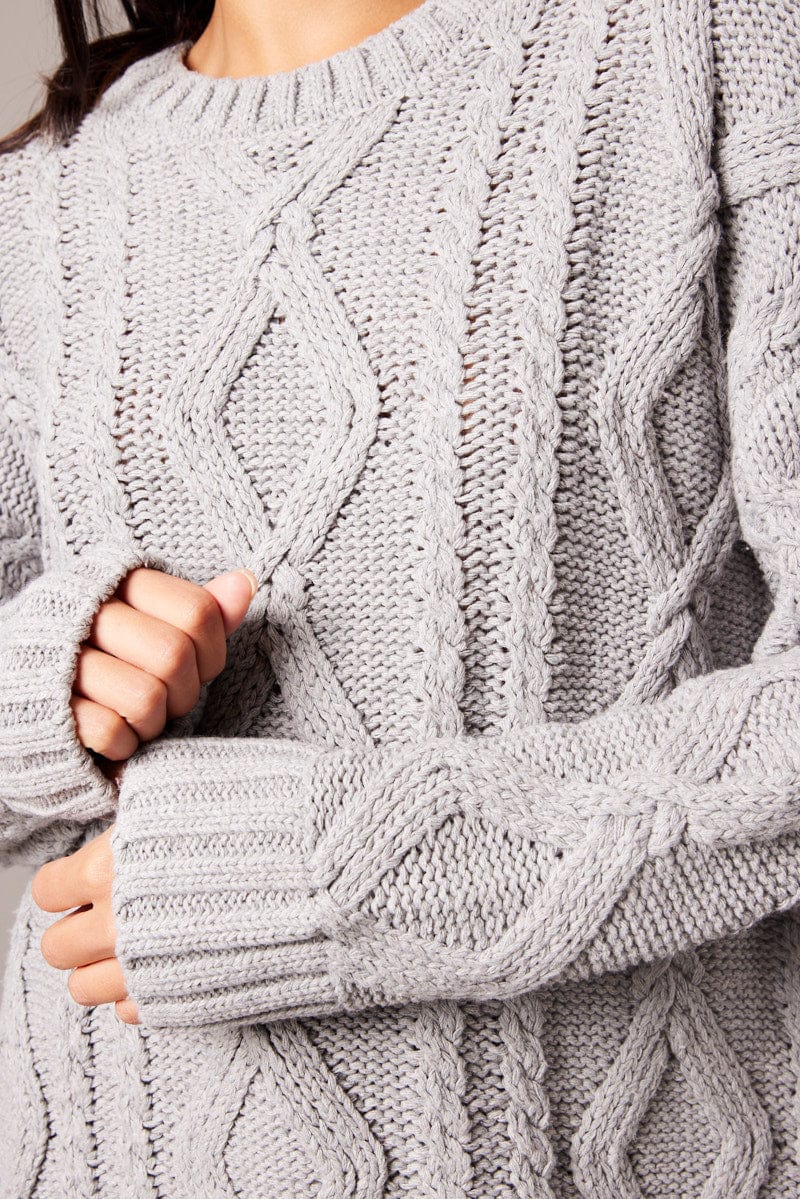 Grey Cable Knit Top Long Sleeve Longline