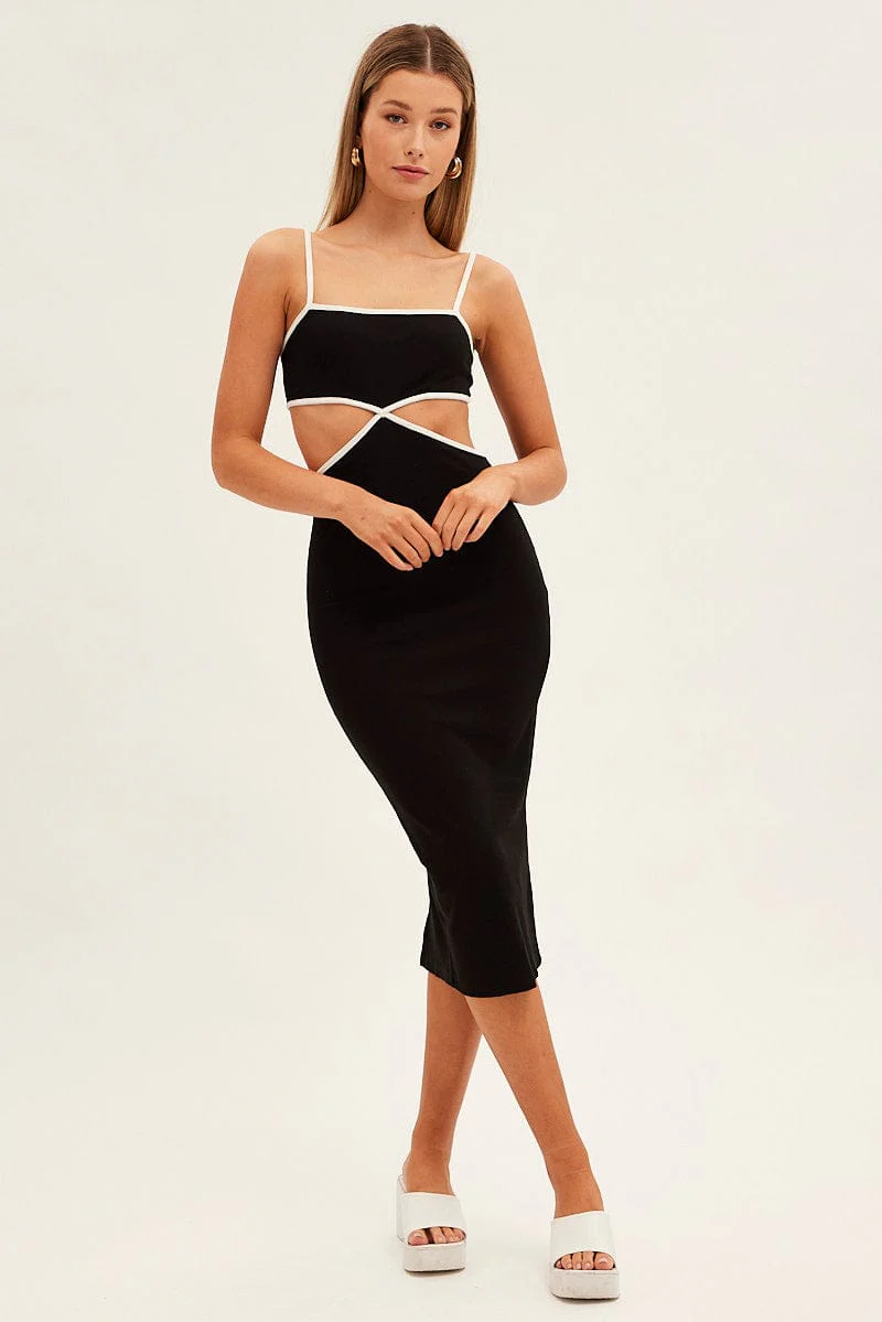 Black Midi Dress Adjustable Straps Cut Out Jersey Rib