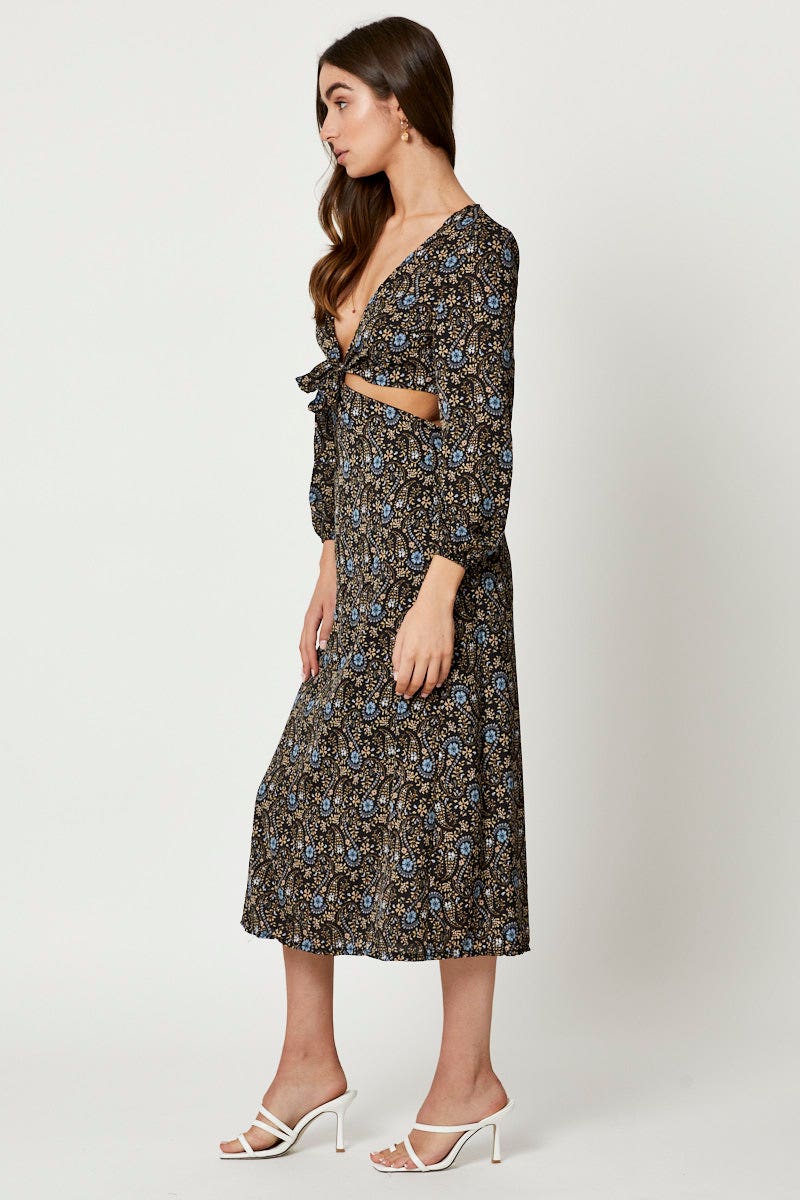 Print Long Sleeve Cut Out Dress