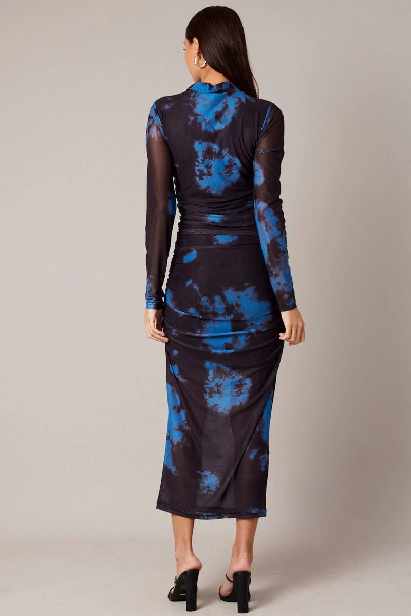 Blue Abstract Bodycon Dress Long Sleeve Mesh