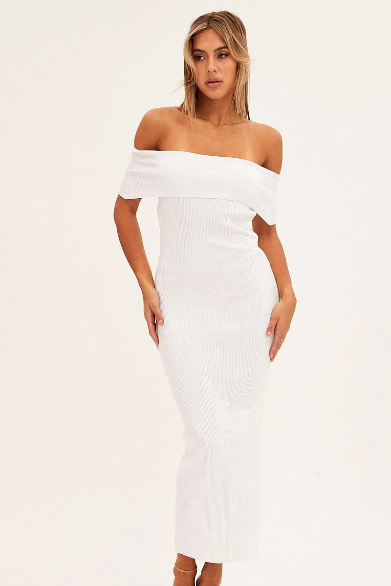 White Off Shoulder Dress Knit Bodycon Knit