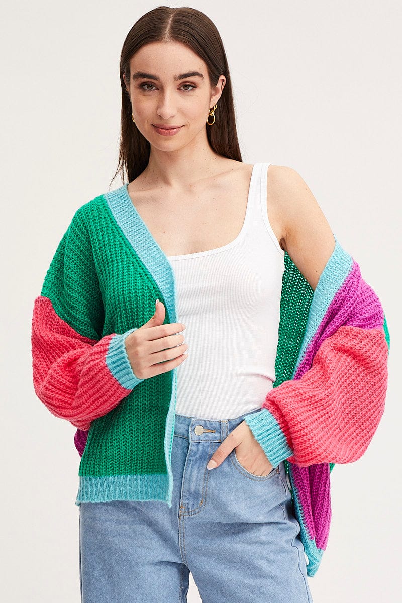 Multi Knit Cardigan Long Sleeve Relaxed Colour Block