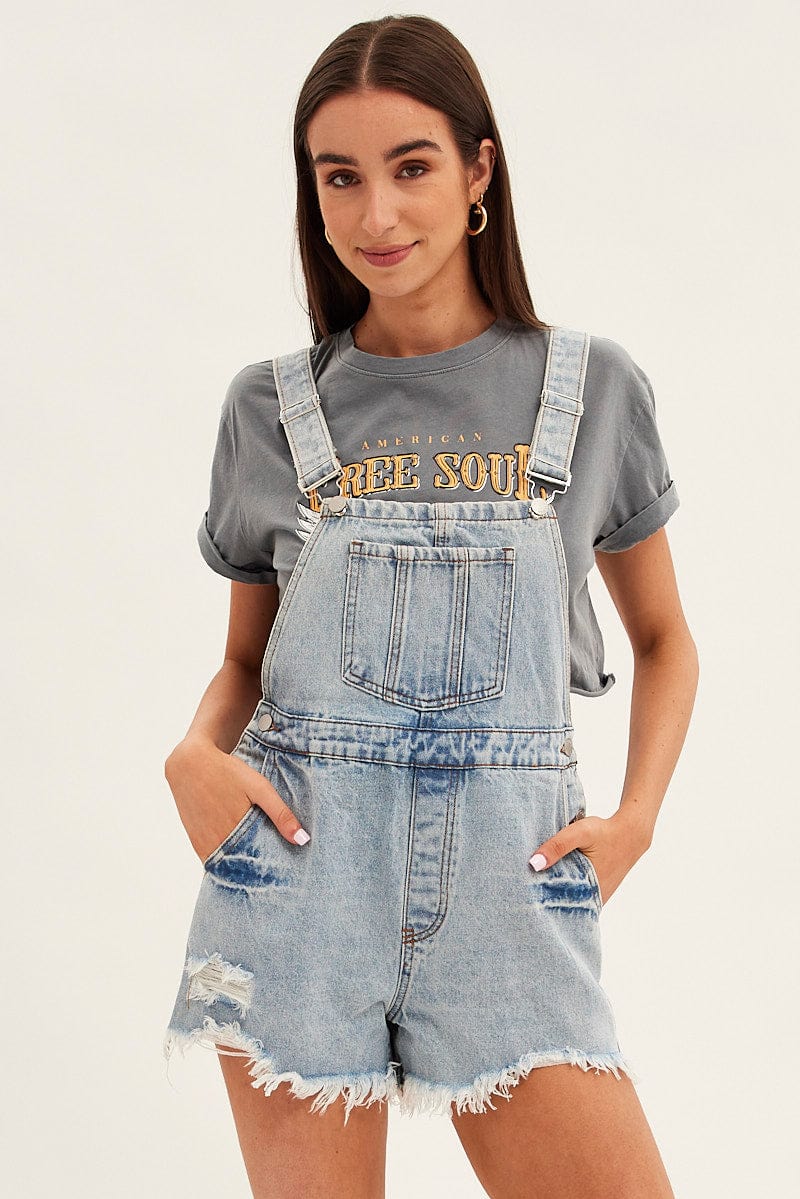 Denim Distressed Denim Short Overalls