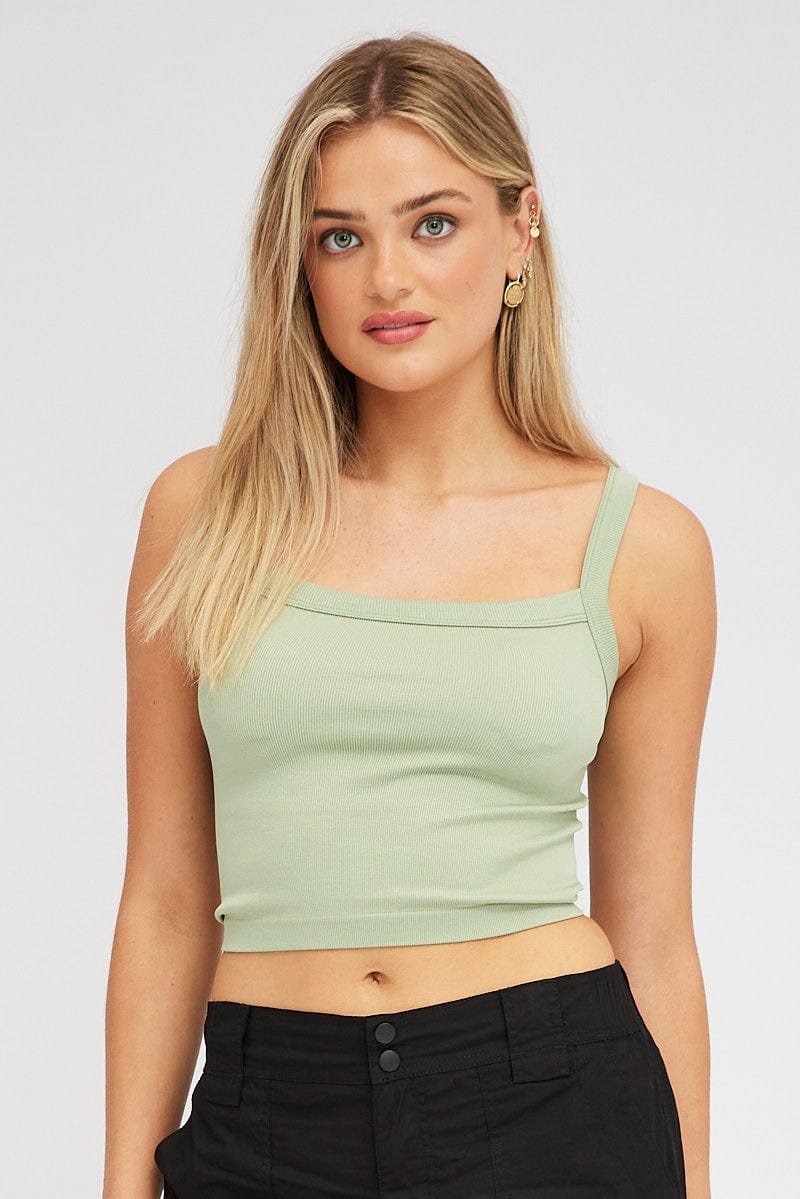 Green Singlet Top Round Neck Seamles