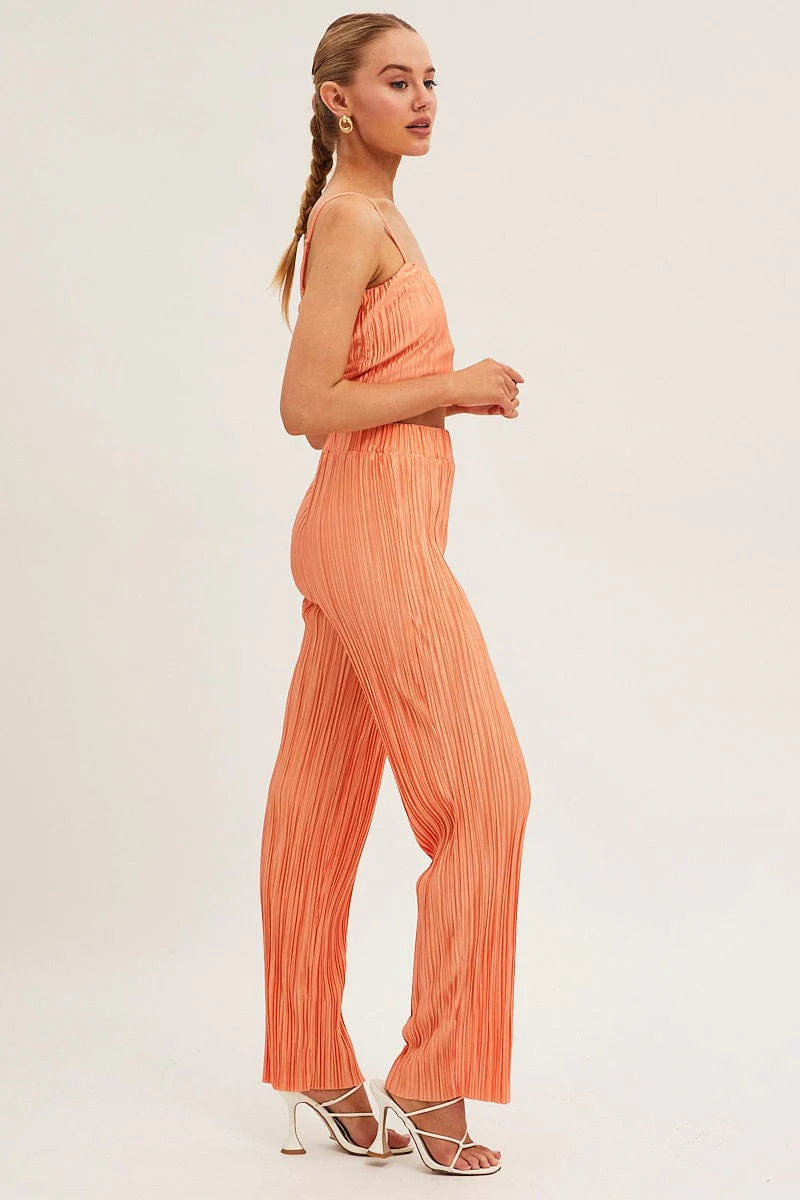 Orange Plisse Pants Wide Leg