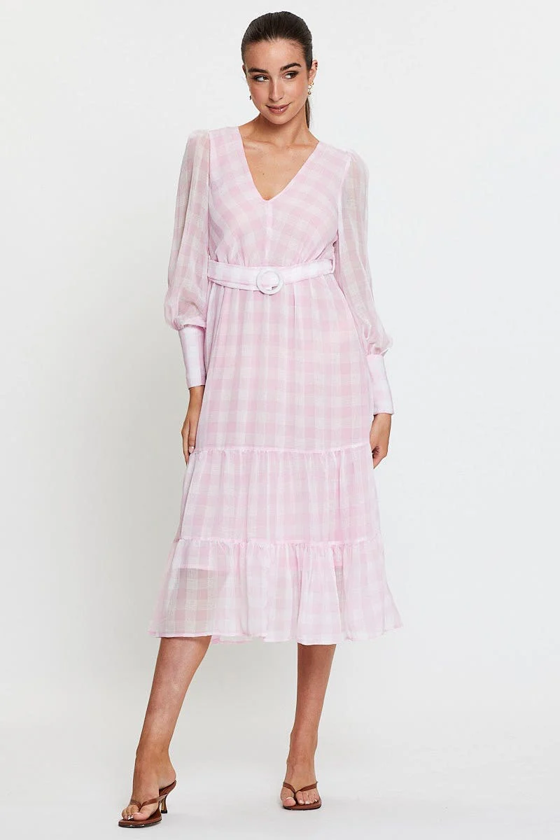 Check Dress Long Sleeve Maxi