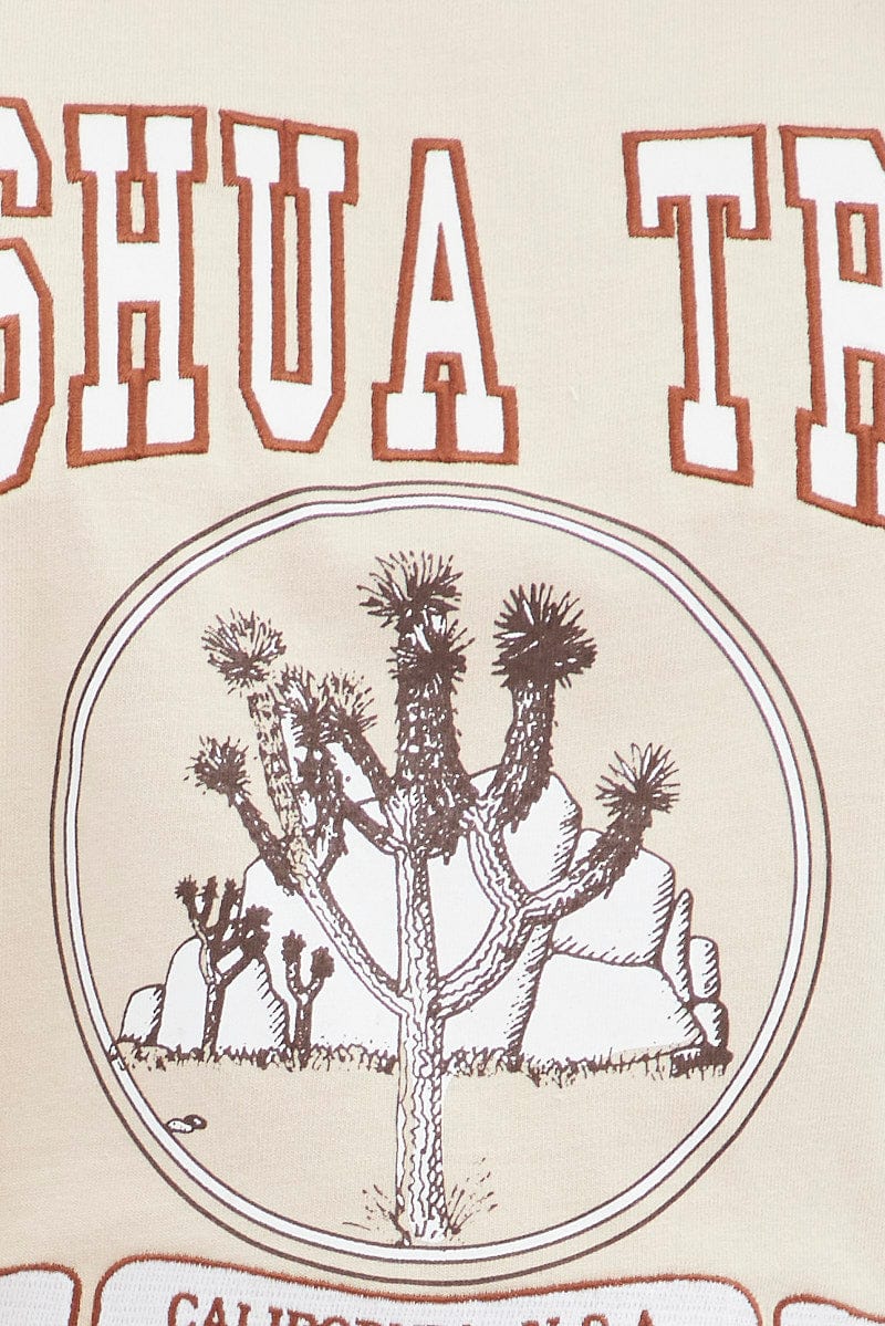 Beige T Shirt Short Sleeve Crew Neck Joshua Tree Cotton