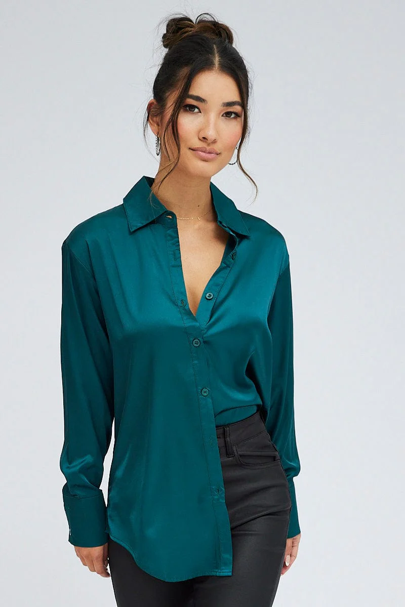 Green Shirt Long Sleeve Collared Neck Satin