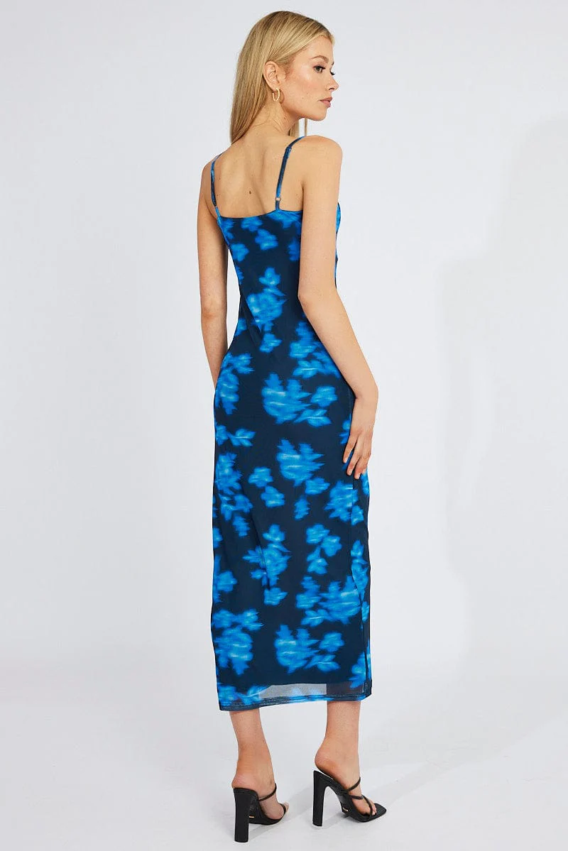 Blue Floral Bodycon Maxi Dress Mesh