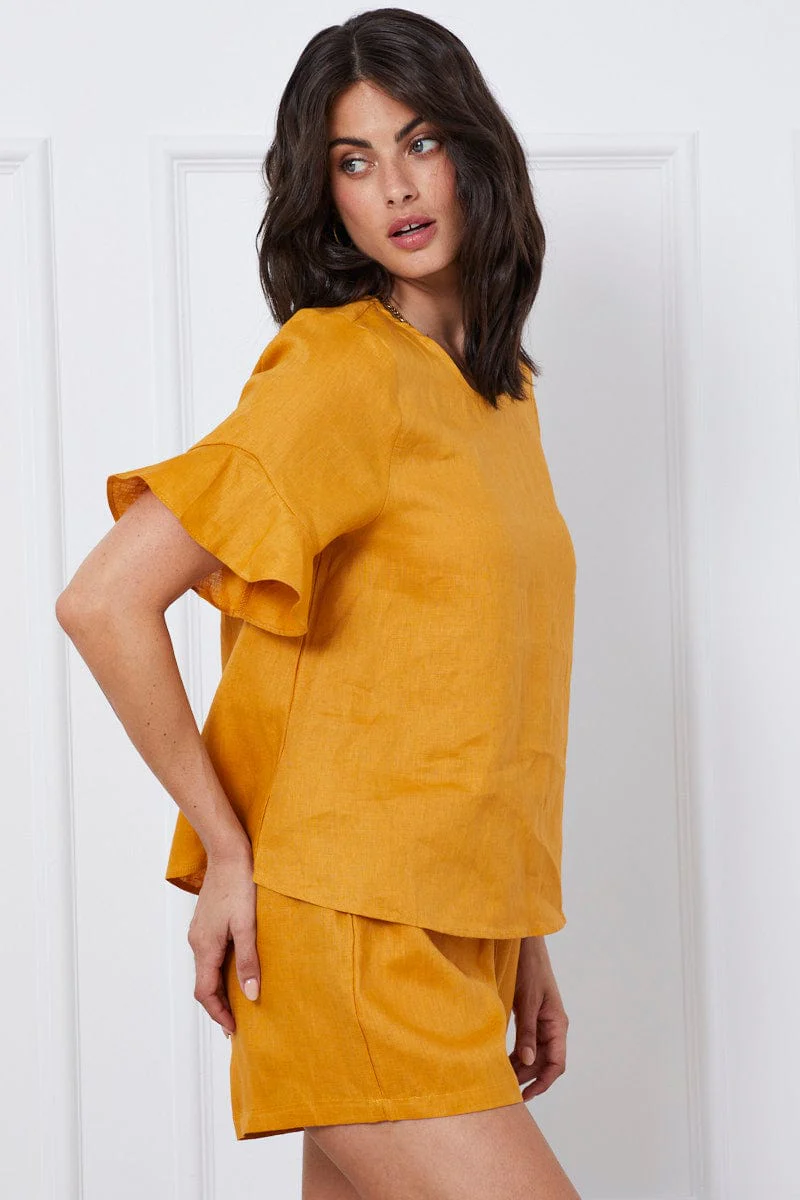 Yellow Crop Top Short Sleeve Relaxed Linen