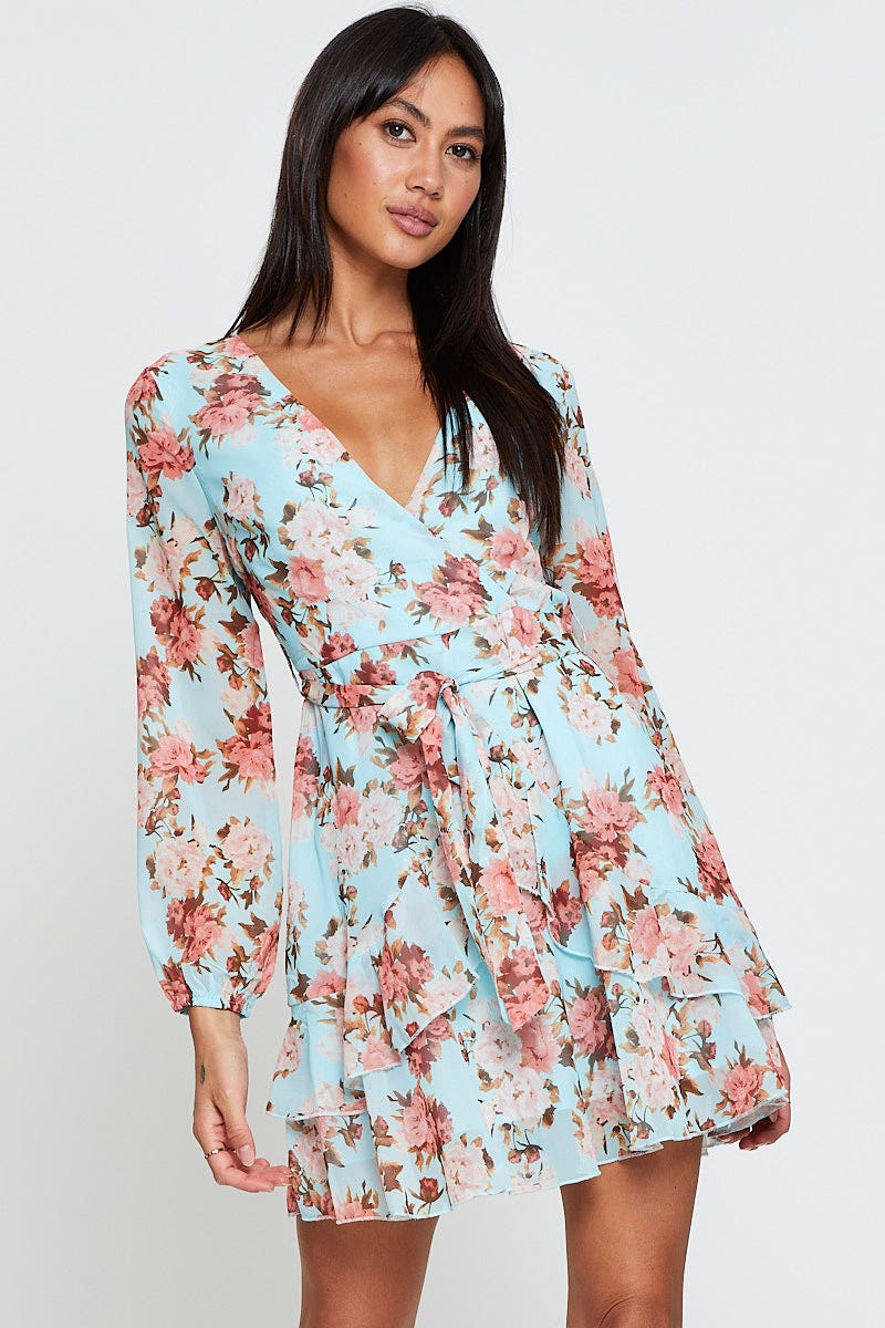 Print Mini Dress Long Sleeve V Neck
