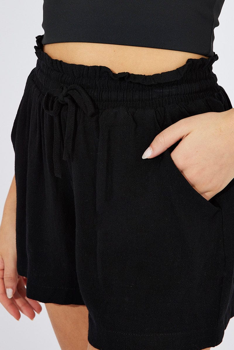Black Relaxed Shorts High Rise Linen Blend