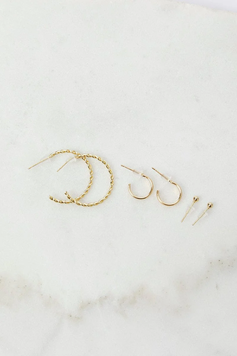 Gold 3 pack Hoop and Ball Earrings