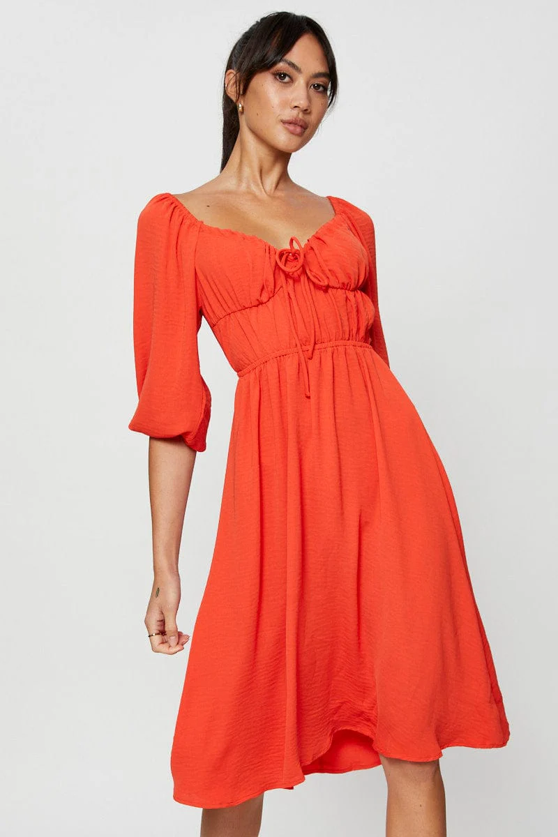 Red Midi Dress Short Sleeve Sweetheart Neckline