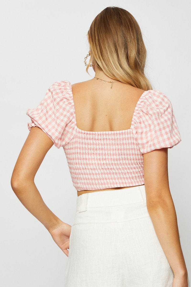 Check Crop Top Long Sleeve Sweetheart