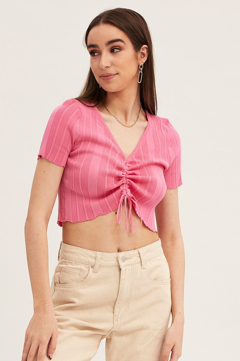 Pink Short Sleeve Ruched Knit Top