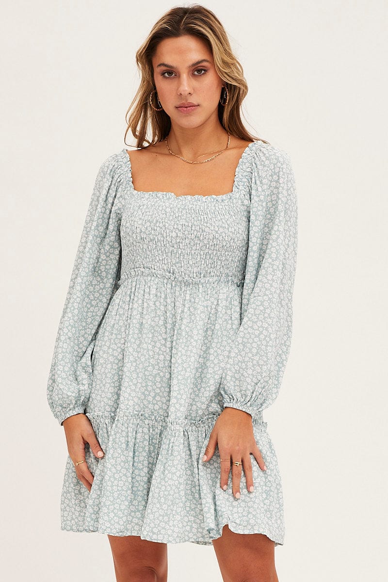 Daisy Print Shirred Skater Dress