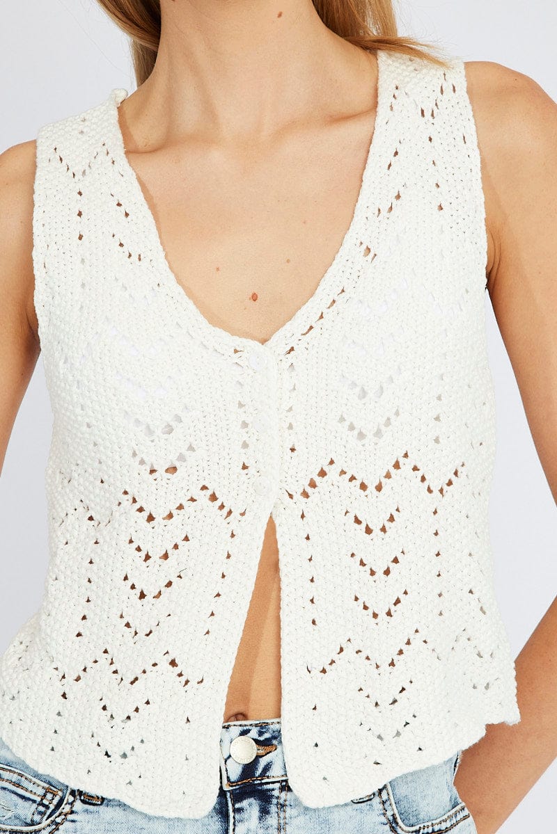 White Knit Vest Sleeveless V Neck Crochet Button Up