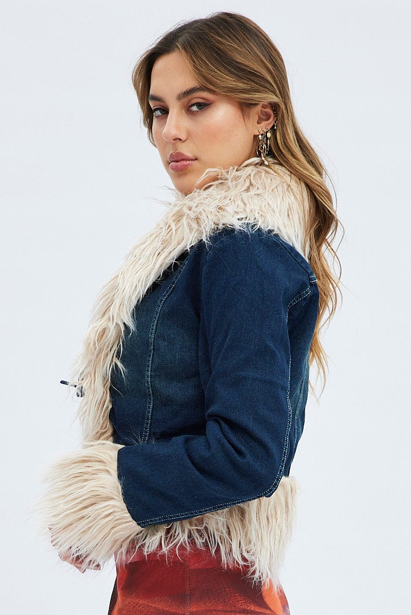 Denim Jacket Long Sleeve Faux Fur Tie Front Washed Denim