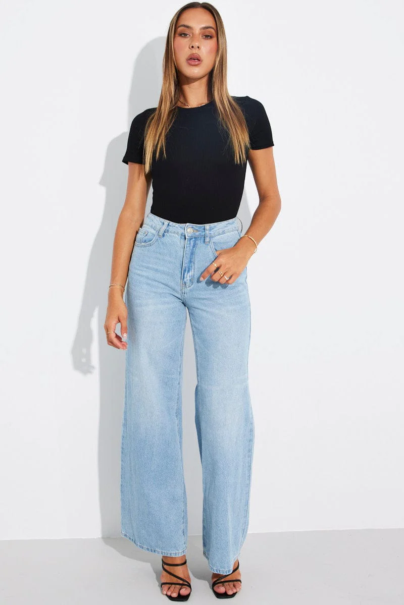 Black Bodysuit Short Sleeve Crew Neck Rib Jersey